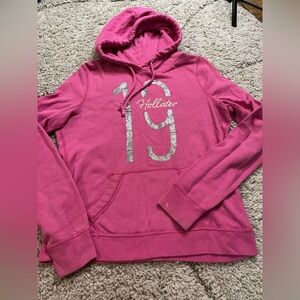 Hollister Pink y2k Hoodie with Silver Glitter '19' Graphic